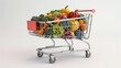 © visoot - A very long shopping cart filled with groceries on a white background. Generative AI.