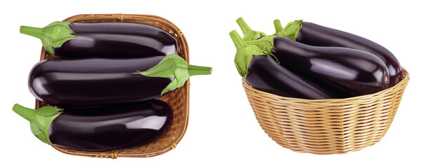 Wall Mural - eggplant in a wicker basket isolated on white background with full depth of field. Top view. Flat lay