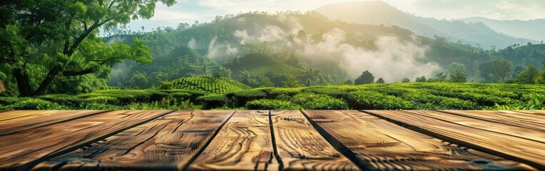 Wall Mural - Wooden Platform Overlooking Lush Green Tea Plantation in Hilly Landscape