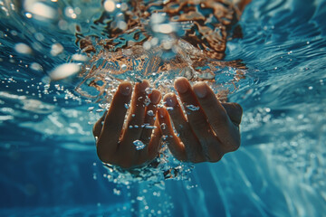 Closeup of hands in the water, in an indoor pool with blue light and soft lighting, delicate skin texture, shallow depth of field, elegant movements, water ripples on surface, blurred background...
