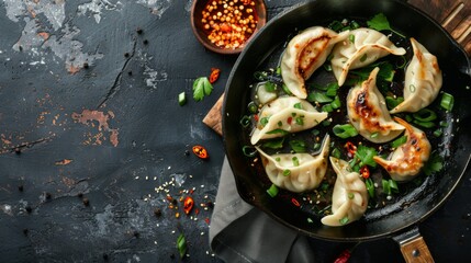 Wall Mural - Delicious gedza dumplings in a pan with soy sauce. On dark rustic background