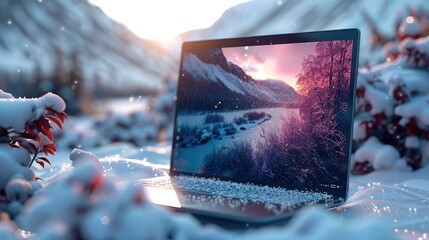 Aufkleber - Mockup empty, blank laptop display screen, on snow. Generative AI.