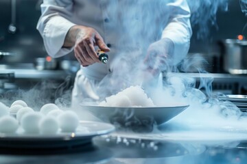 The chef uses liquid nitrogen in the cooking process