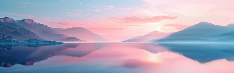 Canvas Print - Misty Mountain Lake at Sunrise With Pink and Blue Hues