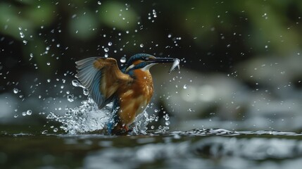 Wall Mural - Female Kingfisher emerging from the water after an unsuccessful dive to grab a fish