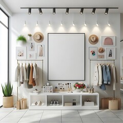 A room style interior set design with a white wall and a white shelf with clothes and a picture frame decoration Vibrant optimized informative.