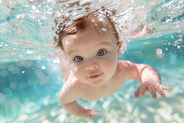 Adorable baby swimming underwater, capturing a precious and playful moment of early childhood development