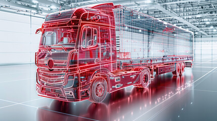 Wall Mural - Red x-ray front truck electric system, cables and all connectivity in red, wireframe view, white background, bright atmosphere. Generative AI.