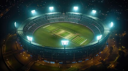 Wall Mural - A cricket stadium, aerial view of stadium, night view. Generative AI.