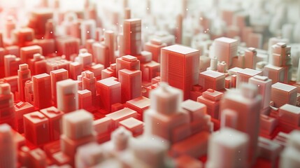 Poster - A model of a abstract city, build from rectangle shapes. No windows. All elements are red. Generative AI.