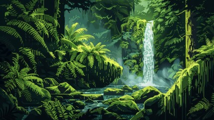green temperate rainforest landscape illustration nature biodiversity, wildlife moss, ferns waterfall green temperate rainforest