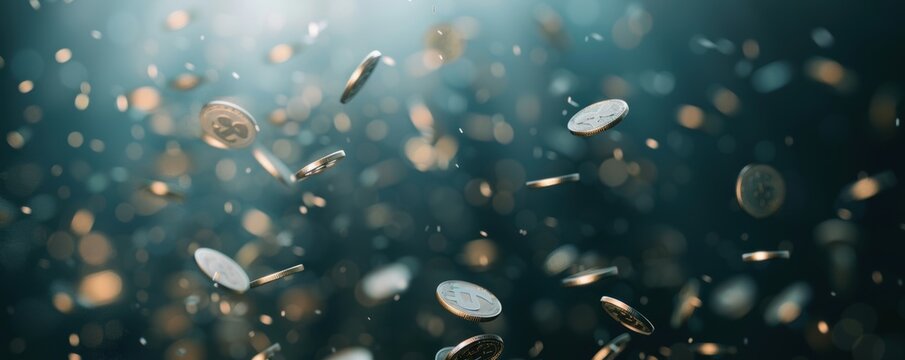 Abstract image of falling coins in a dark background with bokeh lights, representing finance, wealth, and economic concepts.