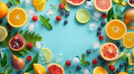 Wall Mural - assorted citrus medley with cut lemons, limes, paired with fresh blueberries and mint sprigs, set against a crisp teal backdrop sprinkled with ice crystals