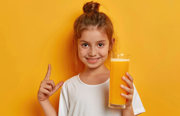 Wall Mural - Young girl pointing at glass of juice isolated on yellow background, wearing white tshirt