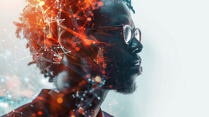 Portrait of a black afro american man data analyst in information technology letting see data flow , professional business male with copy space