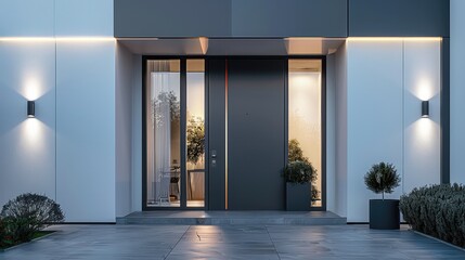Leinwandbilder - Modern house entrance, featuring a large grey door with a vertical strip of glass in the center, flanked by tall narrow windows. Wall lamps on either side of the door. Generative AI.