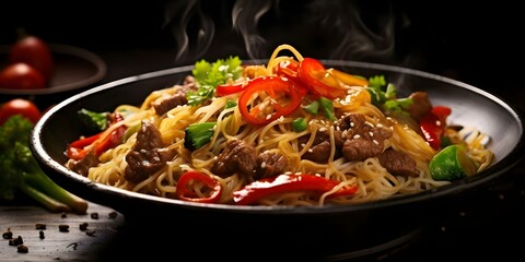 Wall Mural - Stir-Fried Noodles with Beef and Vegetables in a Black Bowl Top View. Concept Recipes, Asian Cuisine, Cooking Techniques, Food Photography