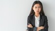© Adi - sad office girl, asian woman sulking and frowning disappointed, standing upset and distressed against white background