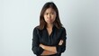 © Adi - sad office girl, asian woman sulking and frowning disappointed, standing upset and distressed against white background
