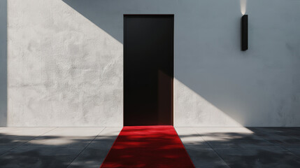 Minimalist black door with red carpet in modern concrete wall. Elegant entrance, geometric lines, natural light casting shadows.