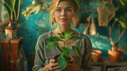 Poster - Young cheerful woman holds a houseplant in her hands, beautiful picture