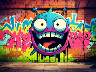 Sticker - A cartoon face with a big smile painted on a wall