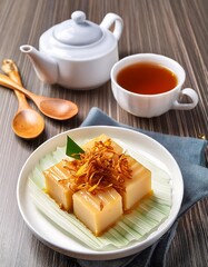 Poster - Khanom Mo Kaeng in a square cut, topped with fried shallots