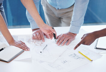 Poster - Planning, architecture and hands of people with blueprint, collaboration and strategy for construction. Building, meeting and civil engineering team in workshop with paperwork for project management