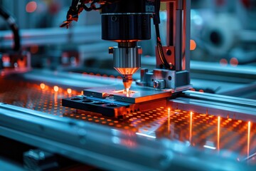 Poster - Robotic manufacturing of semiconductors and computer chips from silicon wafers. Modern technology concept