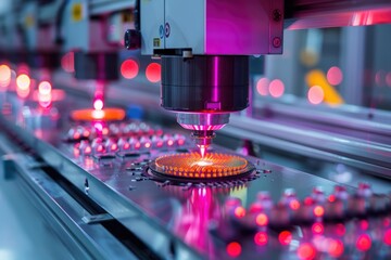 Poster - Robotic manufacturing of semiconductors and computer chips from silicon wafers. Modern technology concept