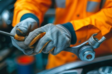 Wall Mural - Mechanic replacing car parts, Mechanic in orange and blue attire adjusts engine component with wrench. Prominent display of hands-on expertise in vehicle maintenance.