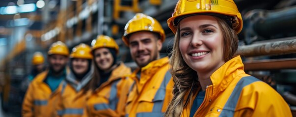 Diverse team of industrial workers in bright safety gear at a work site