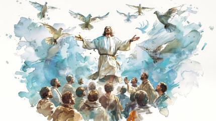 A watercolor painting depicting the ascension of Jesus Christ into heaven, surrounded by doves, as his disciples watch from below
