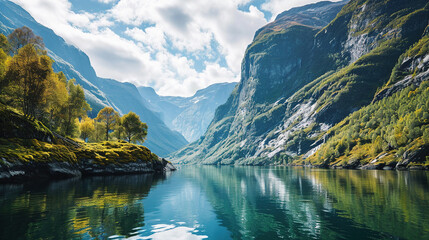 Wall Mural - Minimalistic Landscape Of Mountains and Water Lake Alps Background