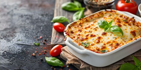 Wall Mural - Eggplant Parmesan Italian Dish on Rustic Table with Cheese - Food Concept. Concept Italian Cuisine, Food Photography, Restaurant Menu, Delicious Dish, Cooking Inspiration