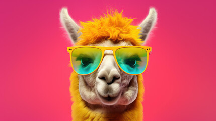 Wall Mural - Unique concept featuring a trendy llama wearing sunglasses on a pastel background, ideal for commercial or editorial advertisement.