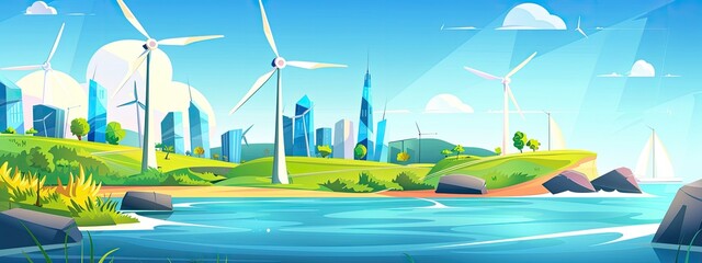 The panoramic landscape of the city with wind turbines. Cartoon illustration.