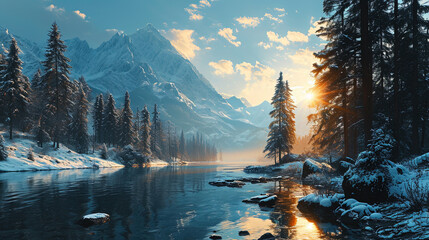 Wall Mural - Contemporary Natural River Flowing In The Middle Of Forest and Snow Mountains During Sunset Landscape Background
