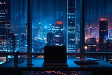 Wall Mural - Modern office interior at night, featuring a panoramic view of the city skyline through large windows