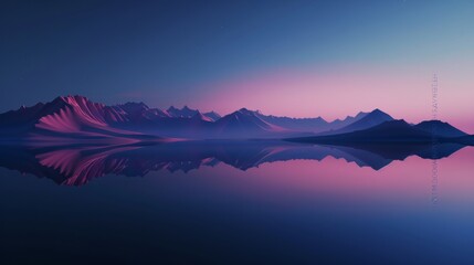 Wall Mural - Blue sky with night gradient in the background, sky with light and dark gradient, The Peak Range has other colours illuminated by other lightsï¼Œ mountain range with water reflection, pink 3D renderin