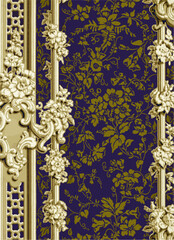 Wall Mural - Intricate vintage pattern with ornate ivory embellishments and olive-green floral motifs on a deep blue background.