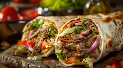 Shawarma sandwich fresh roll, wrap of grilled meat and salad tortilla wrap with sauce