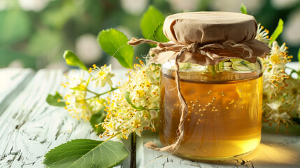 Wall Mural - Jar of honey with linden flowers on wooden table