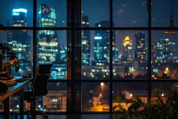 Wall Mural - Office at night with a view of the city skyline through tall windows, illuminated with city lights, creating a tranquil and atmospheric scene