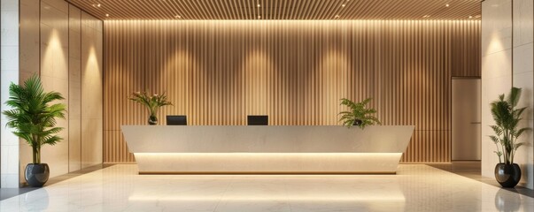 Wall Mural - Modern office lobby with a sleek reception desk, contemporary furnishings, and soft ambient lighting