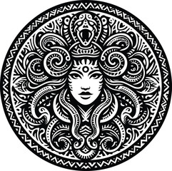  medusa silhouete with Polynesian ethnic pattern illustration