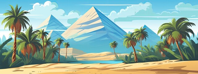 landscape of pyramids.  Cartoon illustration.