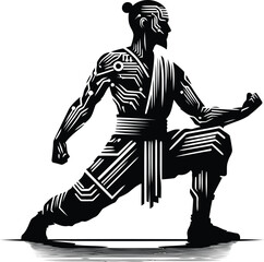 Wall Mural - monk shaolin warrior silhouete with cyberpunk pattern illustration