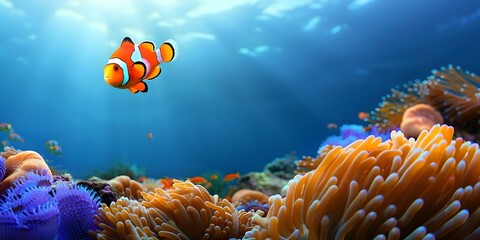 Wall Mural - Vibrant coral reef teeming with life including clownfish sponges and sea fans. Concept Underwater Photography, Marine Life, Coral Reefs, Marine Biodiversity, Colorful Sea Creatures