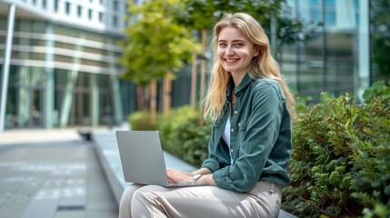 Wall Mural - The woman with laptop outdoors